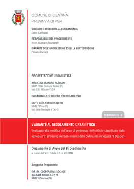 COMUNE DI BIENTINA Provinvia DI PISA Documento Di Avvio Del