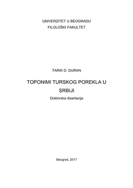 TOPONIMI TURSKOG POREKLA U SRBIJI Doktorska Disertacija