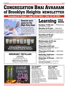 Learning WEEK High Holy Days Sunday 11:00 Am — Pirkei Avos with Rabbi Aaron Raskin Rosh Hashana Begins Mon- Day Night, Sept