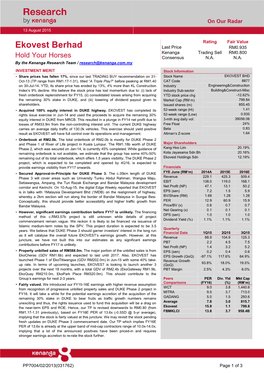 Ekovest Berhad Last Price RM0.935 Kenanga Trading Sell RM0.800 Hold Your Horses Consensus N.A