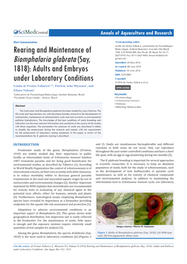 Rearing and Maintenance of Biomphalaria Glabrata (Say, 1818): Adults and Embryos Under Laboratory Conditions