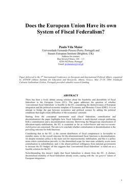 Does the European Union Have Its Own System of Fiscal Federalism?