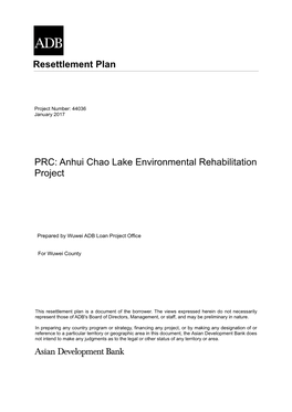 Resettlement Plan PRC: Anhui Chao Lake Environmental Rehabilitation
