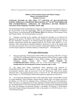 Page 1 of 294 Ministry of Environment, Forest and Climate Change Impact Assessment Division (Industry-I Sector) SUMMARY RECORD O