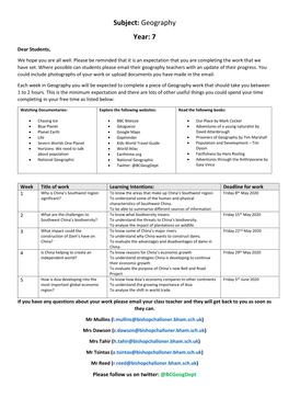 Geography Year: 7 Dear Students, We Hope You Are All Well