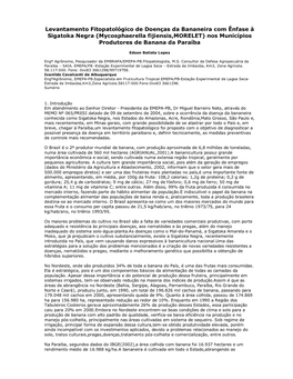 Levantamento Fitopatológico De Doenças Da Bananeira Com Ênfase À Sigatoka Negra (Mycosphaerella Fijiensis,MORELET) Nos Municípios Produtores De Banana Da Paraíba