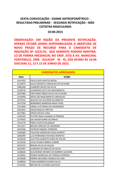 Sexta Convocação - Exame Antropométrico - Resultado Preliminar - Segunda Retificação - Não Cotistas Masculinos 10-06-2015