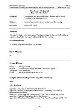 Report on the Impact of Manchester Airport on the Local Community to Communities and Neighbourhoods Overview and Scrutiny Commit