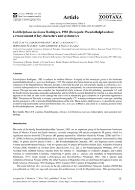 Lobithelphusa Mexicana Rodriguez, 1982 (Decapoda: Pseudothelphusidae): a Reassessment of Key Characters and Systematics