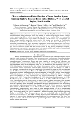 Characterization and Identification of Some Aerobic Spore- Forming Bacteria Isolated from Saline Habitat, West Coastal Region, Saudi Arabia