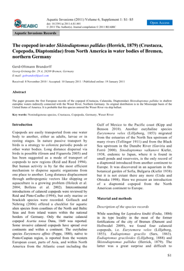 The Copepod Invader Skistodiaptomus Pallidus (Herrick, 1879) (Crustacea, Copepoda, Diaptomidae) from North America in Water Bodies of Bremen, Northern Germany