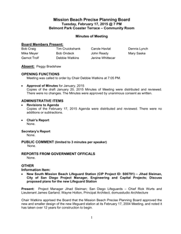 Mission Beach Precise Planning Board Tuesday, February 17, 2015 @ 7 PM Belmont Park Coaster Terrace – Community Room