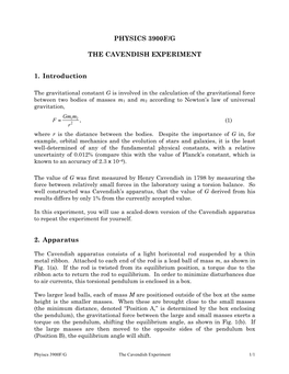 PHYSICS 3900F/G the CAVENDISH EXPERIMENT 1. Introduction 2