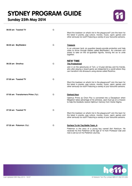 SYDNEY PROGRAM GUIDE Sunday 25Th May 2014