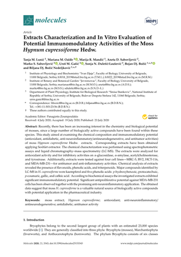 Extracts Characterization and in Vitro Evaluation of Potential Immunomodulatory Activities of the Moss Hypnum Cupressiforme Hedw