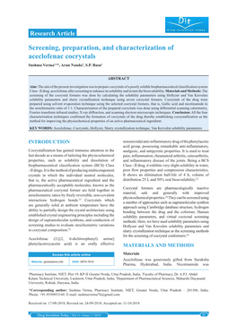 Screening, Preparation, and Characterization of Aceclofenac Cocrystals Sushma Verma1,2*, Arun Nanda3, S.P