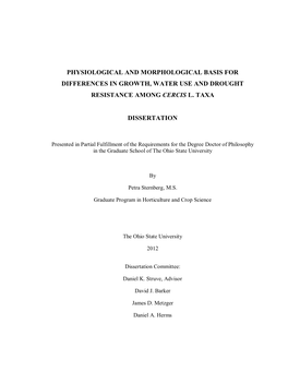 Physiological and Morphological Basis for Differences in Growth, Water Use and Drought Resistance Among Cercis L. Taxa Dissertat