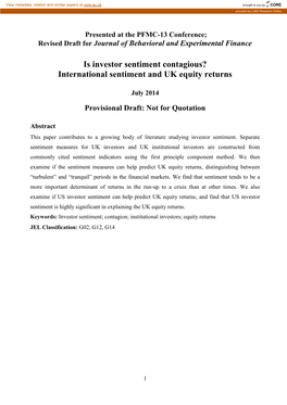 Is Investor Sentiment Contagious? International Sentiment and UK Equity Returns