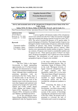 Survey and Taxonomic Notes on the Coleopterous (Coleoptera) Insect Fauna of the New Valley, Egypt Salem, M.M.; El- Shewy, Dalia; El-Metwally, Neven E