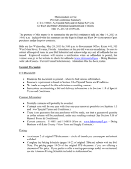 Memorandum to File Pre-Bid Conference Summary ITB 13-0602