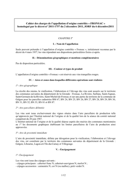 Cahier Des Charges De L'appellation D'origine Contrôlée « FRONSAC