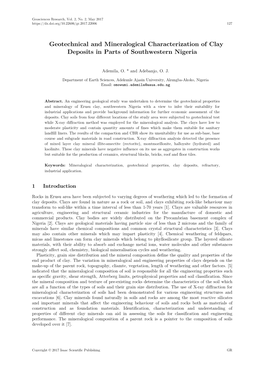 Geotechnical and Mineralogical Characterization of Clay Deposits in Parts of Southwestern Nigeria