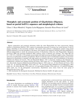 Monophyly and Systematic Position of Glypthelmins (Digenea), Based on Partial Lsrdna Sequences and Morphological Evidence Ulises J