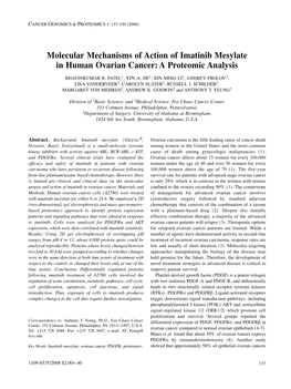 Molecular Mechanisms of Action of Imatinib Mesylate in Human Ovarian Cancer: a Proteomic Analysis BHAVINKUMAR B