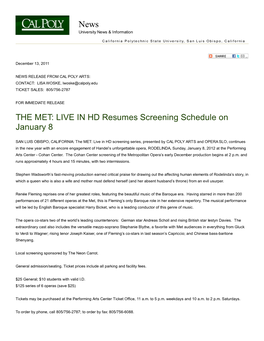 LIVE in HD Resumes Screening Schedule on January 8