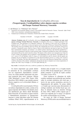 Tasa De Depredación De Coralliophila Abbreviata (Neogastropoda: Coralliophilidae) Sobre Algunas Especies Coralinas Del Parque Nacional Morrocoy, Venezuela