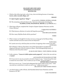 2014 Harvard Certamen Intermediate Division Round One