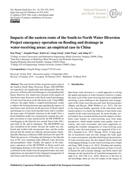Impacts of the Eastern Route of the South-To-North Water Diversion Project Emergency Operation on Flooding and Drainage in Water