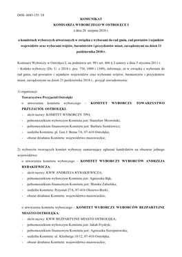 6043-155 /18 KOMUNIKAT KOMISARZA WYBORCZEGO W OSTROŁĘCE I Z Dnia 28 Sierpnia 2018 R. O Komitetach Wyborczych Utworzonych