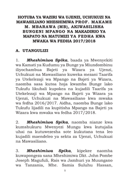 Hotuba Ya Waziri Wa Ujenzi, Uchukuzi Na Mawasiliano Mheshimiwa Prof