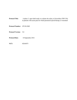 (TRV130) in Patients with Acute Pain for Which Parenteral Opioid Therapy Is Warranted