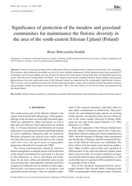 Significance of Protection of the Meadow and Grassland Communities for Maintenance the Floristic Diversity in the Area of the South-Eastern Silesian Upland (Poland)