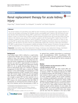 Renal Replacement Therapy for Acute Kidney Injury Shigeo Negi1*, Daisuke Koreeda2, Sou Kobayashi1, Yu Iwashita1 and Takashi Shigematu1