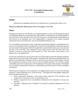 CIV E 353 - Geotechnical Engineering I Consolidation Department of Civil Engineering