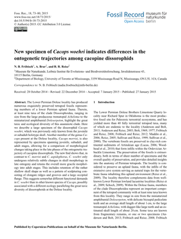 New Specimen of Cacops Woehri Indicates Differences in the Ontogenetic Trajectories Among Cacopine Dissorophids