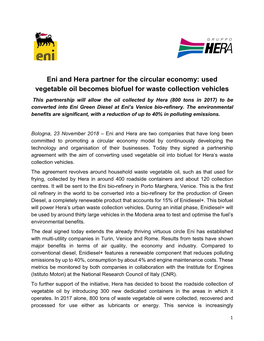 Eni and Hera Partner for the Circular Economy: Used Vegetable Oil Becomes Biofuel for Waste Collection Vehicles