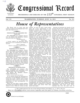 Congressional Record United States Th of America PROCEEDINGS and DEBATES of the 113 CONGRESS, FIRST SESSION