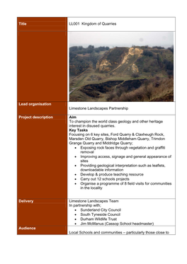 Title LL001 Kingdom of Quarries Lead Organisation Limestone