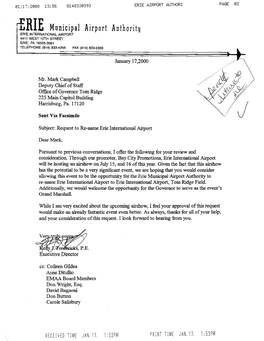 Rf:RIE Municipal Airport Authority ERIE INTERNATIONAL AIRPORT 4411 WEST 12TH STREET ERIE, PA 16505-3091 TELEPHONE (614) 833-4258 FAX (814) 833-0393