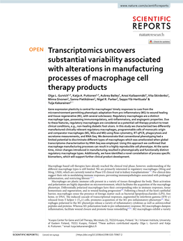 Transcriptomics Uncovers Substantial Variability Associated with Alterations in Manufacturing Processes of Macrophage Cell Therapy Products Olga L