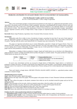 Problems and Prospectus of Raisin Production in Sangli District of Maharashtra