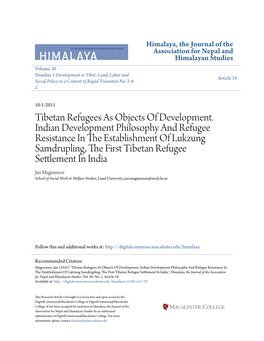 Tibetan Refugees As Objects of Development. Indian Development