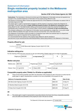 Statement of Information Single Residential Property Located in the Melbourne Metropolitan Area Section 47AF of the Estate Agents Act 1980