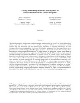 Placing and Passing: Evidence from Uganda on Ethnic Identification and Ethnic Deception*