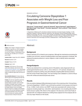 Circulating Carnosine Dipeptidase 1 Associates with Weight Loss and Poor Prognosis in Gastrointestinal Cancer