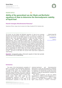 Ability of the Generalized Van Der Waals and Berthelot Equations of State to Determine the Thermodynamic Stability of Liquid Lead